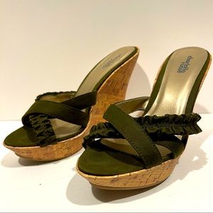 Charlotte Russe Olive Green Cork Wedge Heels Slip on Mules Womens Shoes Size 8